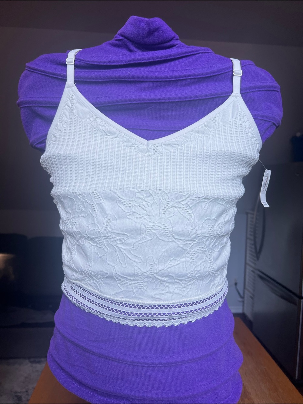 aerie White Lace-Trim Ribbed Cropped Cami